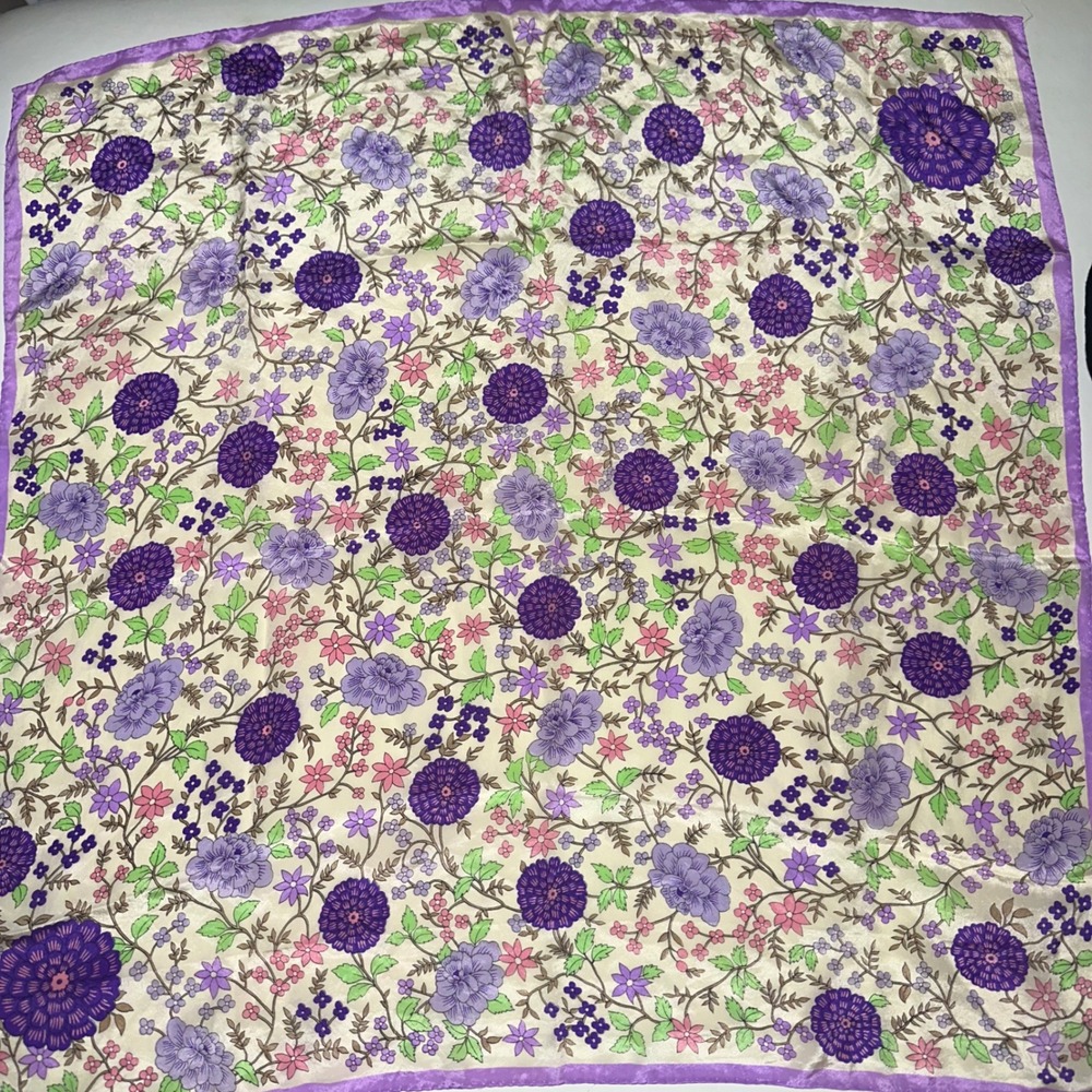Vintage Oscar De La Renta Lavender Trim Floral Silk Beige Silk Scarf